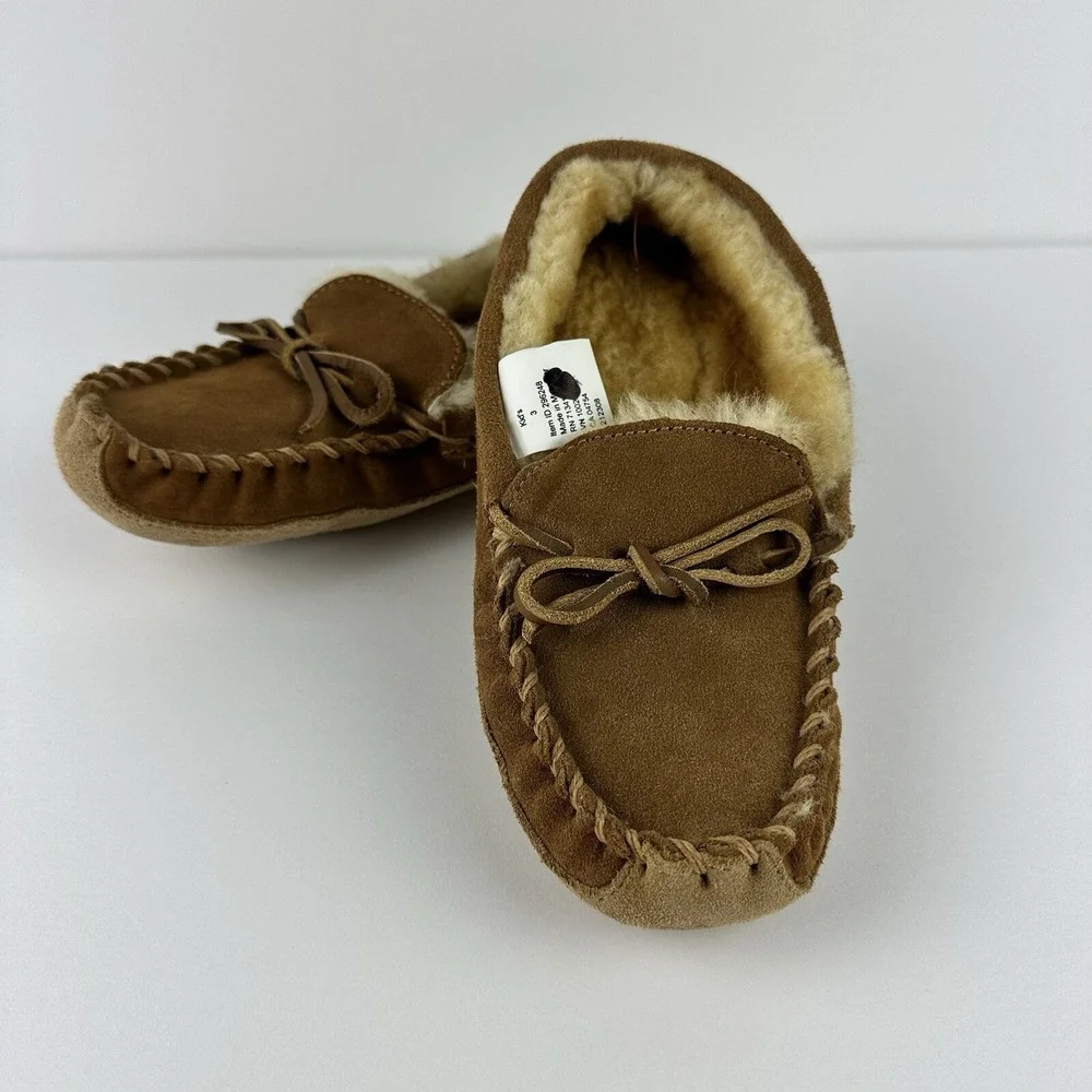 LL BEAN Kids Brown Suede Shearling‎ Lined Wicked Good Moc Slippers Size 3